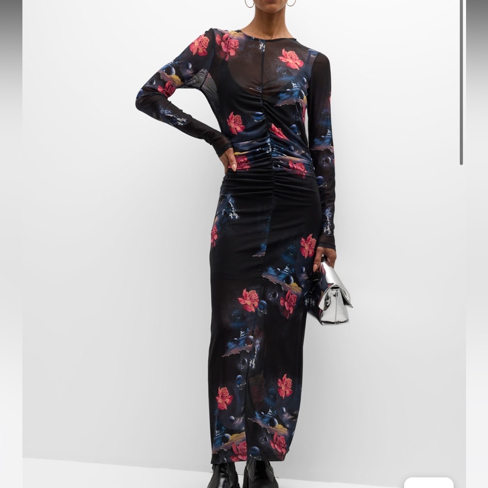 Ganni Black printed o-neck ruched Floral mesh Dress